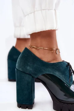 Modne Zamszowo-Lakierowane Botki Na Platformie Zielone Carisa