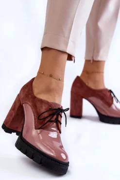 Modne Zamszowo-Lakierowane Botki Na Platformie Różowe Carisa