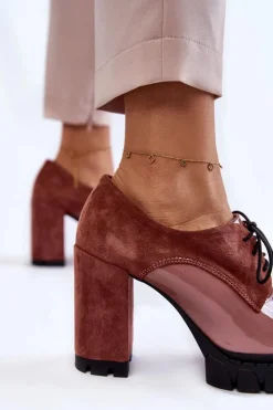 Modne Zamszowo-Lakierowane Botki Na Platformie Różowe Carisa