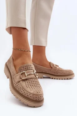 Mokasyny Damskie Ażurowe Z Ozdobą Beżowe Talesse