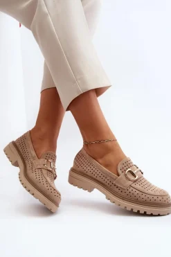 Mokasyny Damskie Ażurowe Z Ozdobą Beżowe Talesse