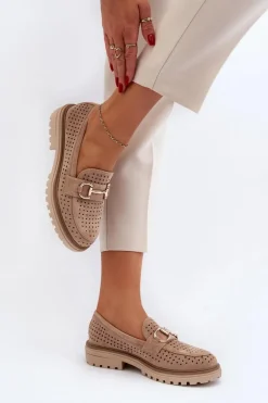 Mokasyny Damskie Ażurowe Z Ozdobą Beżowe Talesse