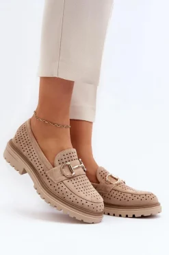Mokasyny Damskie Ażurowe Z Ozdobą Beżowe Talesse