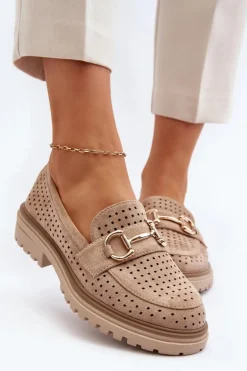 Mokasyny Damskie Ażurowe Z Ozdobą Beżowe Talesse