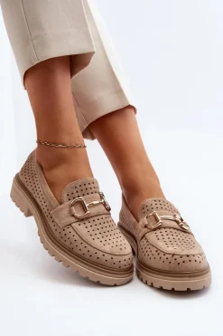 Mokasyny Damskie Ażurowe Z Ozdobą Beżowe Talesse