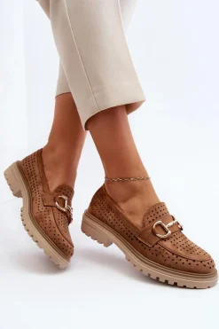 Mokasyny Damskie Ażurowe Z Ozdobą Camel Talesse