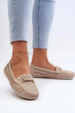 Mokasyny Damskie Ażurowe Z Ozdobą Beżowe Kaydance