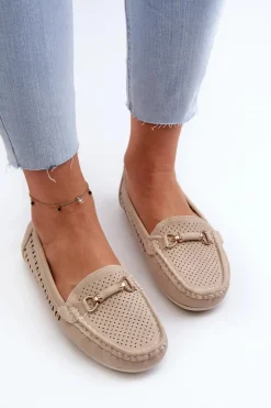 Mokasyny Damskie Ażurowe Z Ozdobą Beżowe Kaydance
