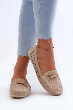 Mokasyny Damskie Ażurowe Z Ozdobą Beżowe Kaydance