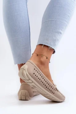 Mokasyny Damskie Ażurowe Z Ozdobą Beżowe Kaydance