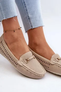 Mokasyny Damskie Ażurowe Z Ozdobą Beżowe Kaydance