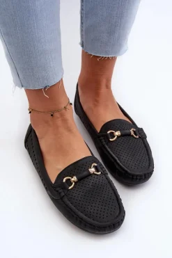 Mokasyny Damskie Ażurowe Z Ozdobą Czarne Kaydance