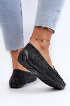 Mokasyny Damskie Ażurowe Z Ozdobą Czarne Kaydance