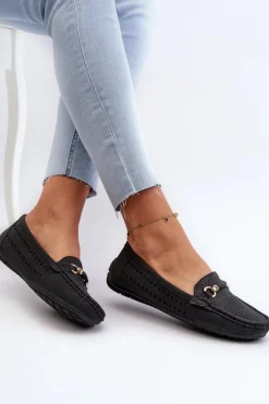 Mokasyny Damskie Ażurowe Z Ozdobą Czarne Kaydance