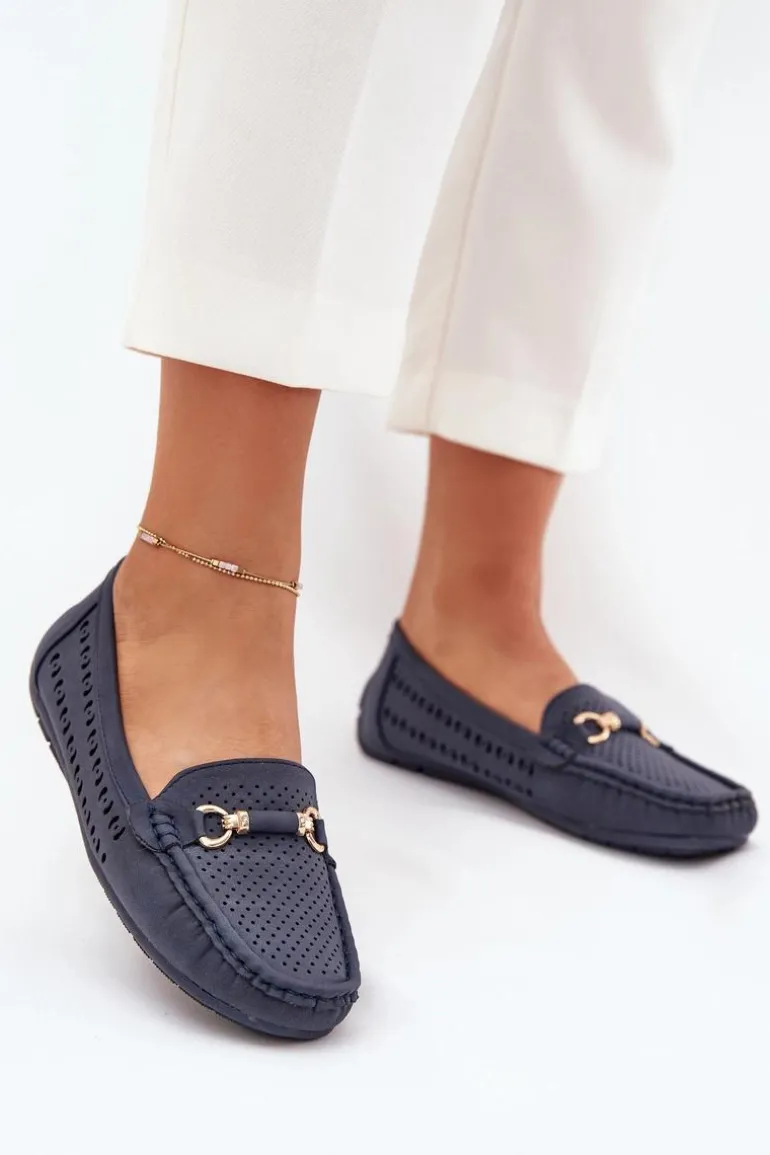 Mokasyny Damskie Ażurowe Z Ozdobą Granatowe Kaydance