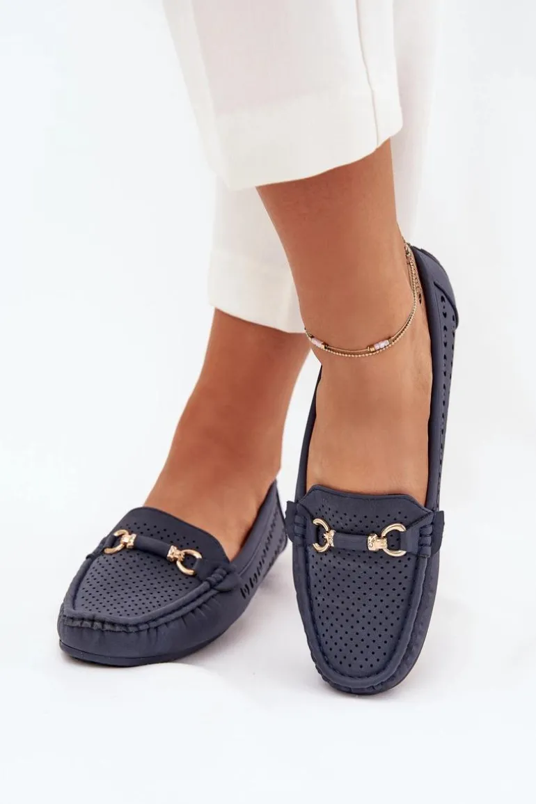 Mokasyny Damskie Ażurowe Z Ozdobą Granatowe Kaydance