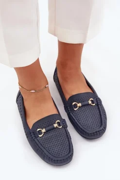 Mokasyny Damskie Ażurowe Z Ozdobą Granatowe Kaydance