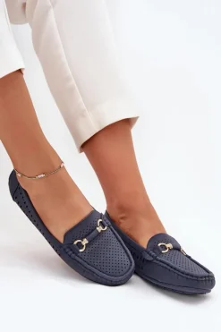 Mokasyny Damskie Ażurowe Z Ozdobą Granatowe Kaydance