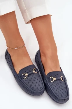 Mokasyny Damskie Ażurowe Z Ozdobą Granatowe Kaydance