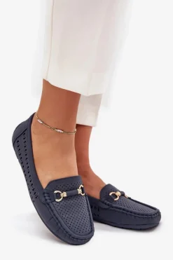 Mokasyny Damskie Ażurowe Z Ozdobą Granatowe Kaydance