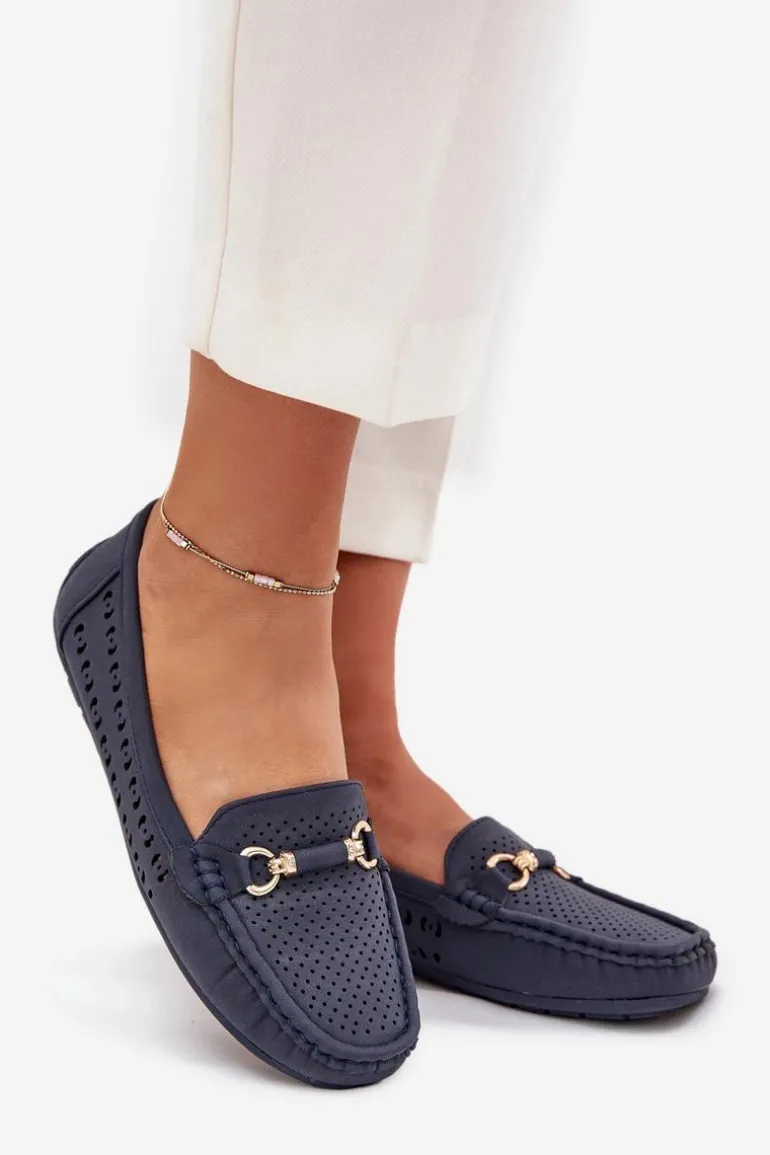 Mokasyny Damskie Ażurowe Z Ozdobą Granatowe Kaydance