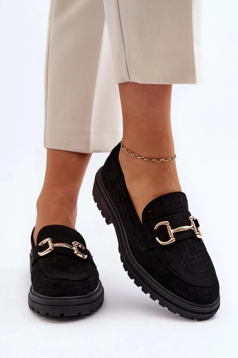 Mokasyny Damskie Ażurowe Z Ozdobą Czarne Talesse