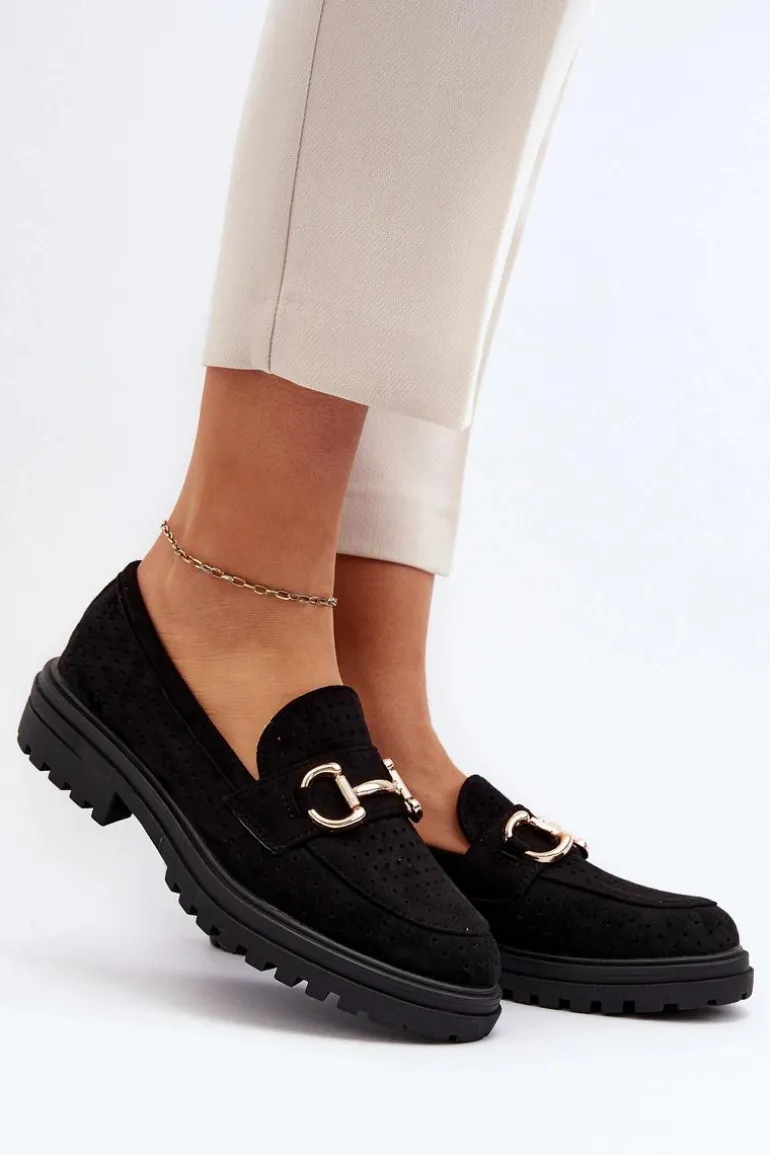 Mokasyny Damskie Ażurowe Z Ozdobą Czarne Talesse