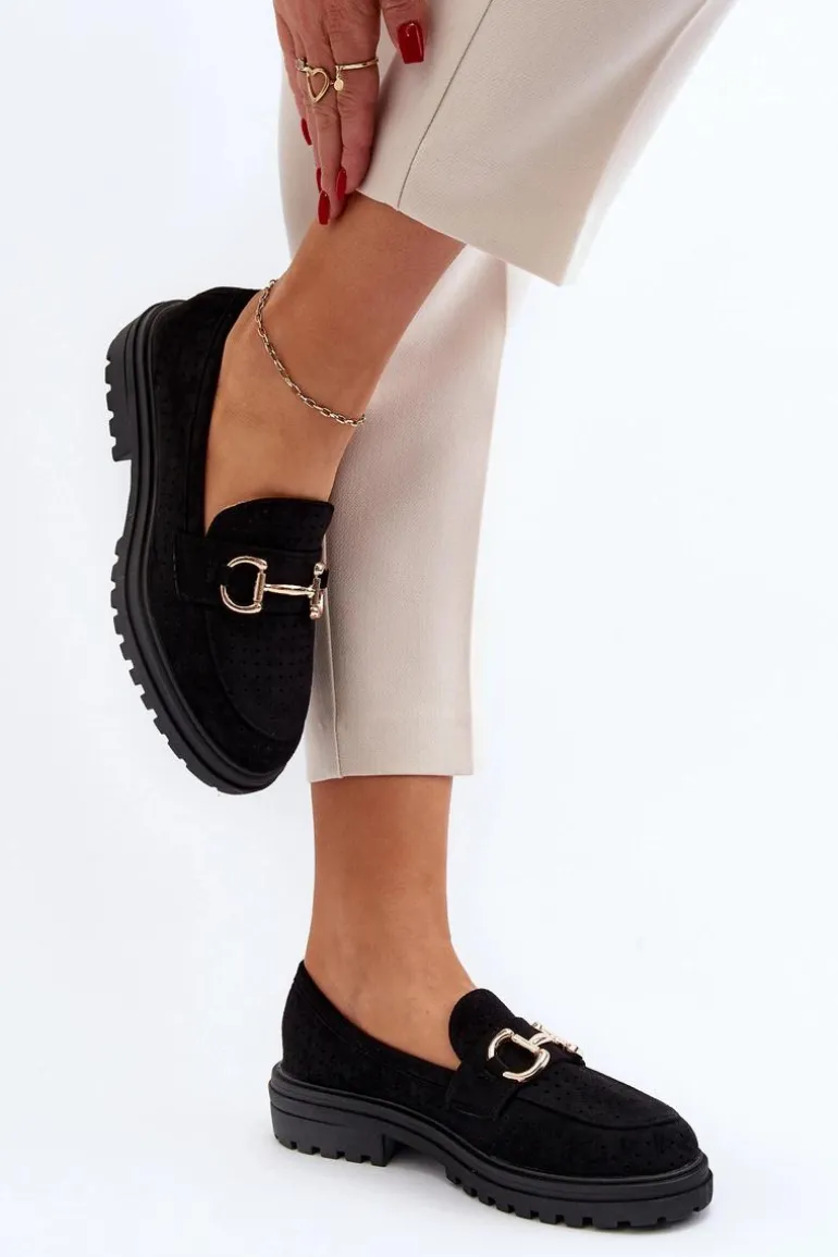 Mokasyny Damskie Ażurowe Z Ozdobą Czarne Talesse