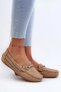 Mokasyny Damskie Ażurowe Z Ozdobą Brązowe Kaydance
