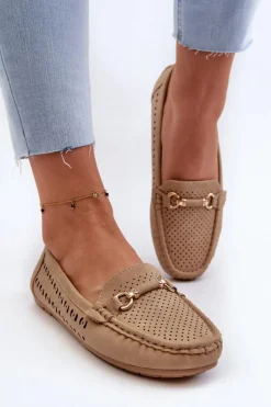 Mokasyny Damskie Ażurowe Z Ozdobą Brązowe Kaydance
