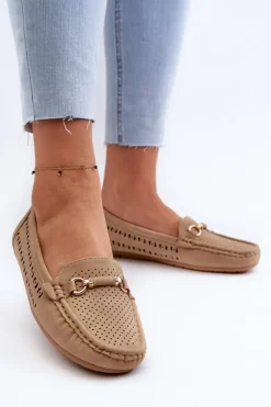 Mokasyny Damskie Ażurowe Z Ozdobą Brązowe Kaydance