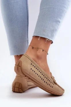 Mokasyny Damskie Ażurowe Z Ozdobą Brązowe Kaydance