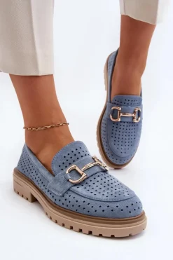 Mokasyny Damskie Ażurowe Z Ozdobą Niebieskie Talesse