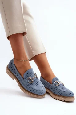 Mokasyny Damskie Ażurowe Z Ozdobą Niebieskie Talesse