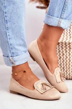 Mokasyny Damskie Beżowe Lordsy Frędzle Therese