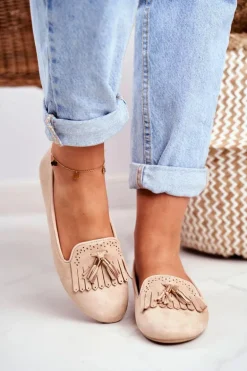 Mokasyny Damskie Beżowe Lordsy Frędzle Therese