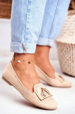 Mokasyny Damskie Beżowe Lordsy Frędzle Therese