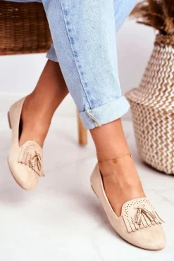 Mokasyny Damskie Beżowe Lordsy Frędzle Therese