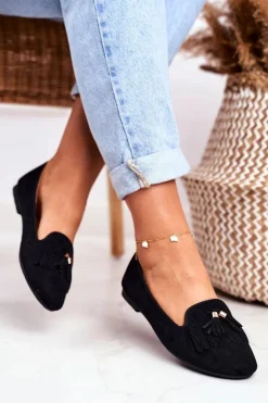 Mokasyny Damskie Czarne Lordsy Frędzle Therese
