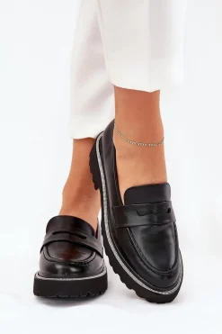 Mokasyny Damskie Eko Skórzane Z Cyrkoniami Czarne Wilamla