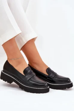 Mokasyny Damskie Eko Skórzane Z Cyrkoniami Czarne Wilamla