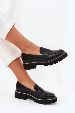 Mokasyny Damskie Eko Skórzane Z Cyrkoniami Czarne Wilamla