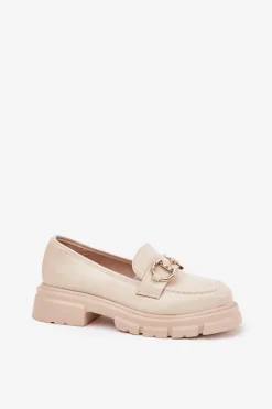 Mokasyny Damskie Eko Skórzane Ze Złotym Detalem Beżowe Ravalissea