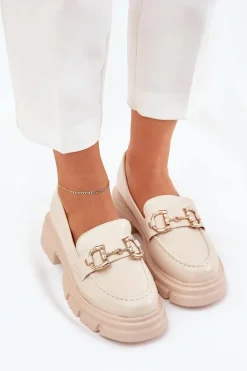 Mokasyny Damskie Eko Skórzane Ze Złotym Detalem Beżowe Ravalissea
