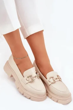 Mokasyny Damskie Eko Skórzane Ze Złotym Detalem Beżowe Ravalissea