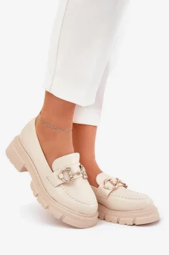 Mokasyny Damskie Eko Skórzane Ze Złotym Detalem Beżowe Ravalissea