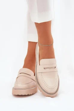 Mokasyny Damskie Eko Skórzane Z Cyrkoniami Beżowe Wilamla