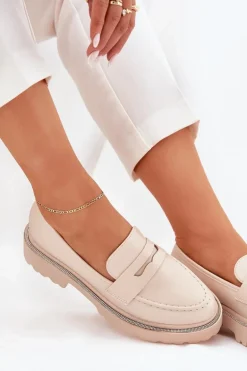 Mokasyny Damskie Eko Skórzane Z Cyrkoniami Beżowe Wilamla