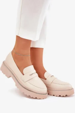 Mokasyny Damskie Eko Skórzane Z Cyrkoniami Beżowe Wilamla