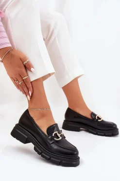 Mokasyny Damskie Eko Skórzane Ze Złotym Detalem Czarne Ravalissea